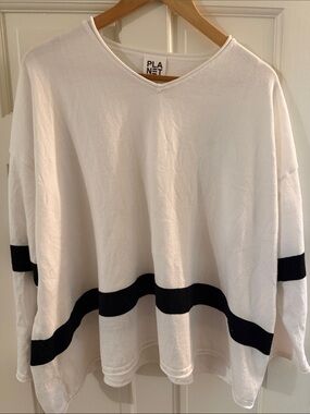 Planet White V-Neck Sweater with Black Contrast Bands